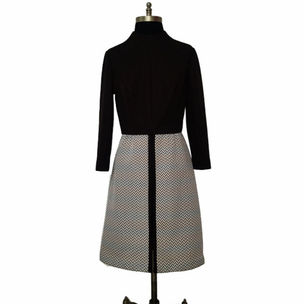 Vtg 70s Textured Solid & Geometric Print Dress S